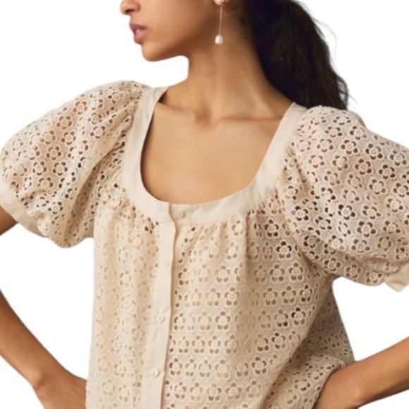 NWT Blue Tassel Puff-Sleeve Lace Blouse Embroidered Floral in Ivory Cream - Picture 11 of 12